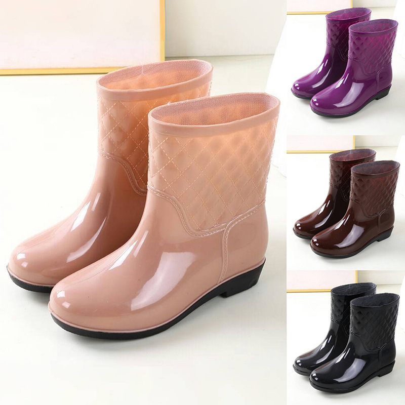 Ženske PVC vodootporne čizme za kišu, srednji obod goljenice, Slip-On, niski pet 1–3 cm, za četiri sezone