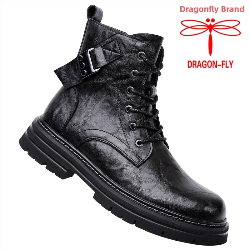 Dragonfly márkájú férfi bőrbakancsok brit stílusú Martin típusú, alacsony cső, felsőrész első réteg marhabőrből, belső rész és talpbetét sertésbőrből, vulkanizált gumi talp, magasságot növelő funkció