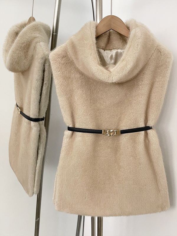 Dámsky vest z umelej kožušiny, bez rukávov, krátky strih, malý rolákový golier, 95%+ umelej kožušiny