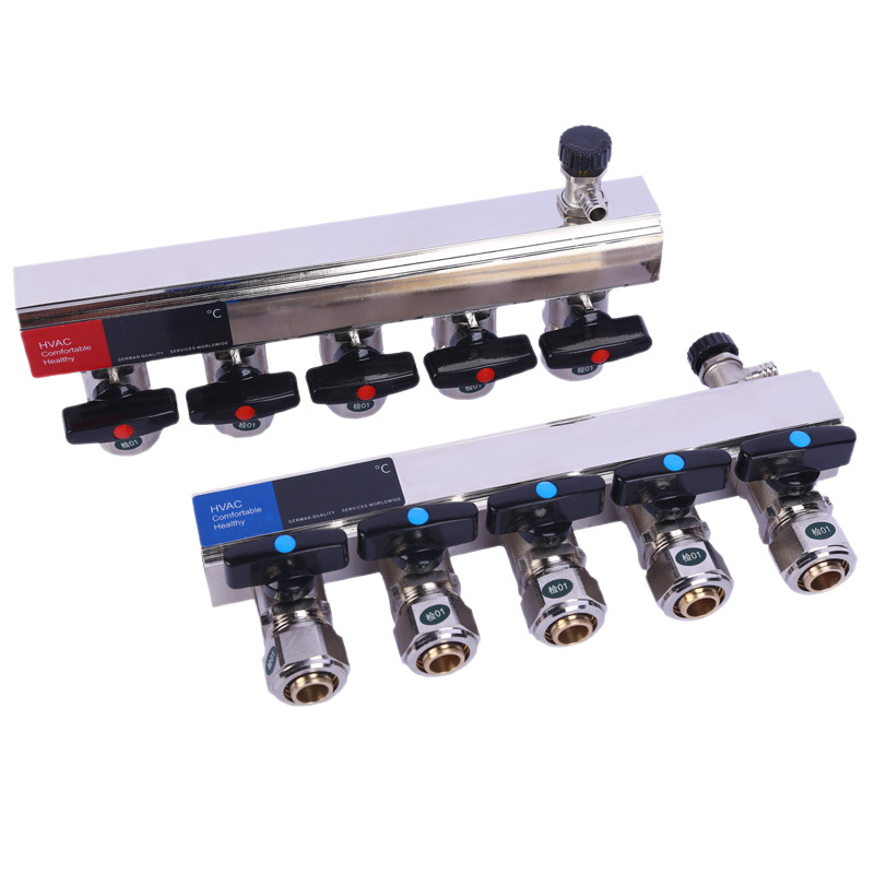 Меден разпределител за подово отопление с голям поток, огледално полирана повърхност, DN25, 0-100°C