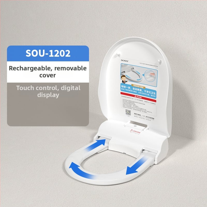 SOSO automatická výmena veka toalety, model SOU-1201, materiál PP doska, diaľkové ovládanie, nastaviteľná vzdialenosť otvorov 120–200 mm, vyhrievanie sedadla