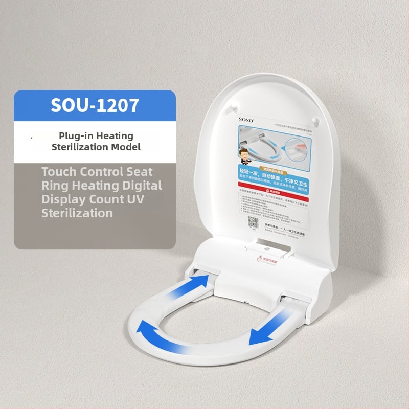 SOSO automatická výmena veka toalety, model SOU-1201, materiál PP doska, diaľkové ovládanie, nastaviteľná vzdialenosť otvorov 120–200 mm, vyhrievanie sedadla