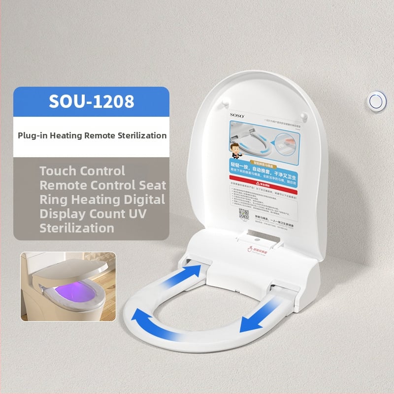 SOSO automatická výmena veka toalety, model SOU-1201, materiál PP doska, diaľkové ovládanie, nastaviteľná vzdialenosť otvorov 120–200 mm, vyhrievanie sedadla