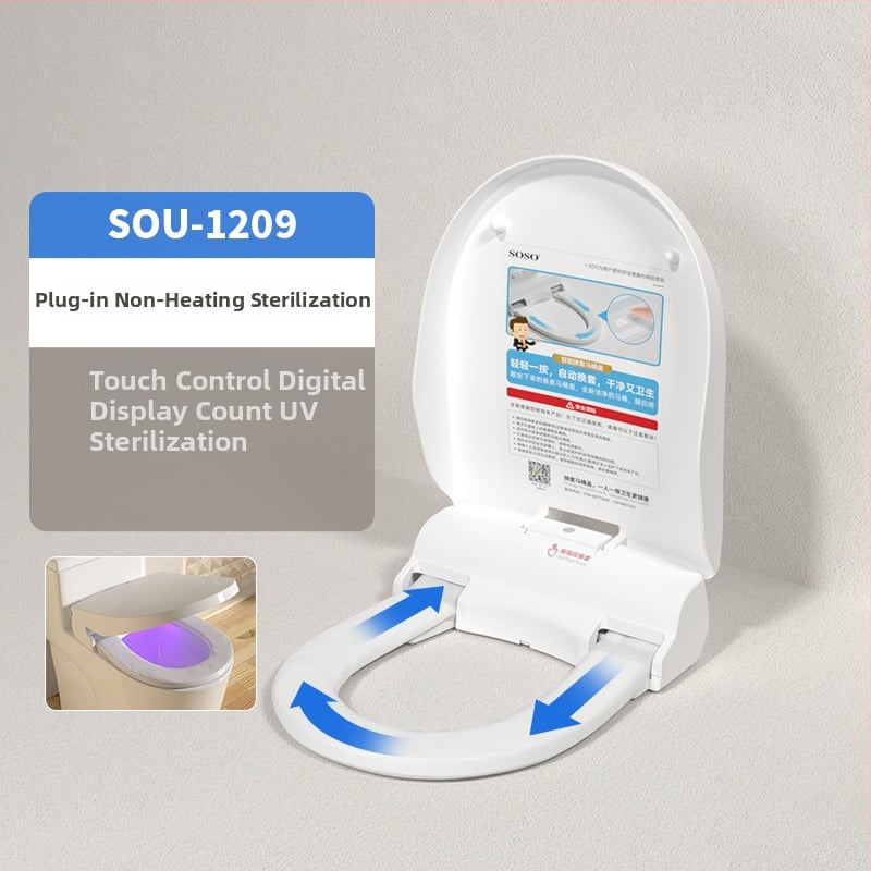 SOSO automatická výmena veka toalety, model SOU-1201, materiál PP doska, diaľkové ovládanie, nastaviteľná vzdialenosť otvorov 120–200 mm, vyhrievanie sedadla