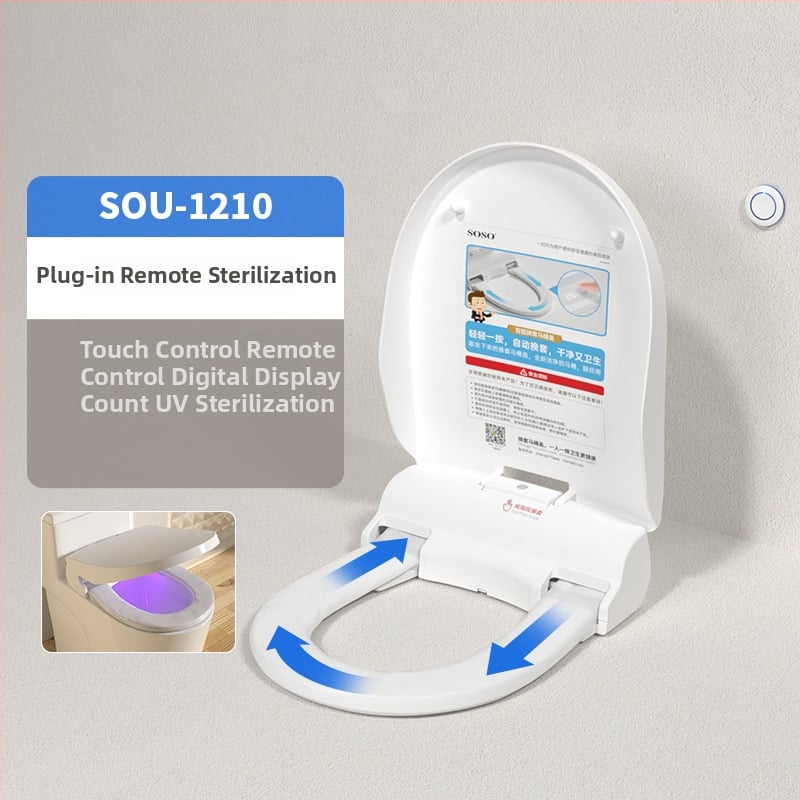 SOSO automatická výmena veka toalety, model SOU-1201, materiál PP doska, diaľkové ovládanie, nastaviteľná vzdialenosť otvorov 120–200 mm, vyhrievanie sedadla