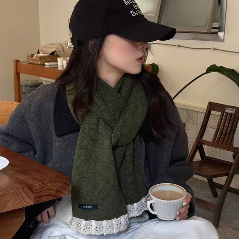 2025 novi ženski zimski šal, korejski stil, čipkasti rub, jednobojan, lažni kašmir, topao, preppy stil