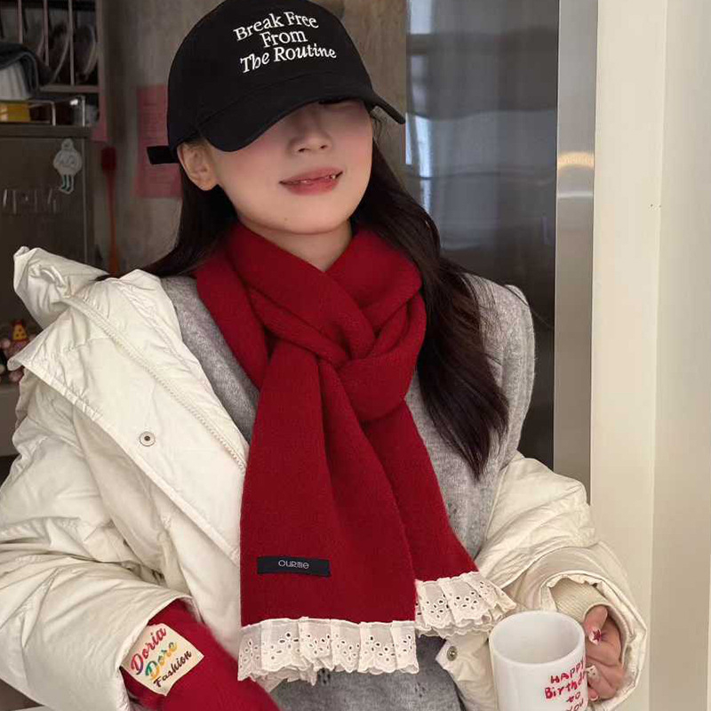 2025 novi ženski zimski šal, korejski stil, čipkasti rub, jednobojan, lažni kašmir, topao, preppy stil