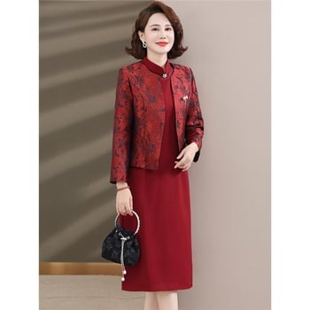 Ženska svečana haljina midi dužine od poliestera, jednobojna, stojeći ovratnik, dugi rukavi, zatvarač