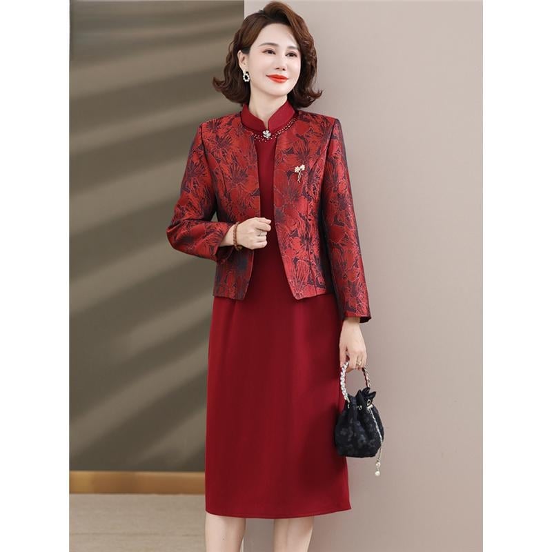 Ženska svečana haljina midi dužine od poliestera, jednobojna, stojeći ovratnik, dugi rukavi, zatvarač