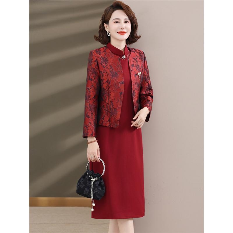 Ženska svečana haljina midi dužine od poliestera, jednobojna, stojeći ovratnik, dugi rukavi, zatvarač