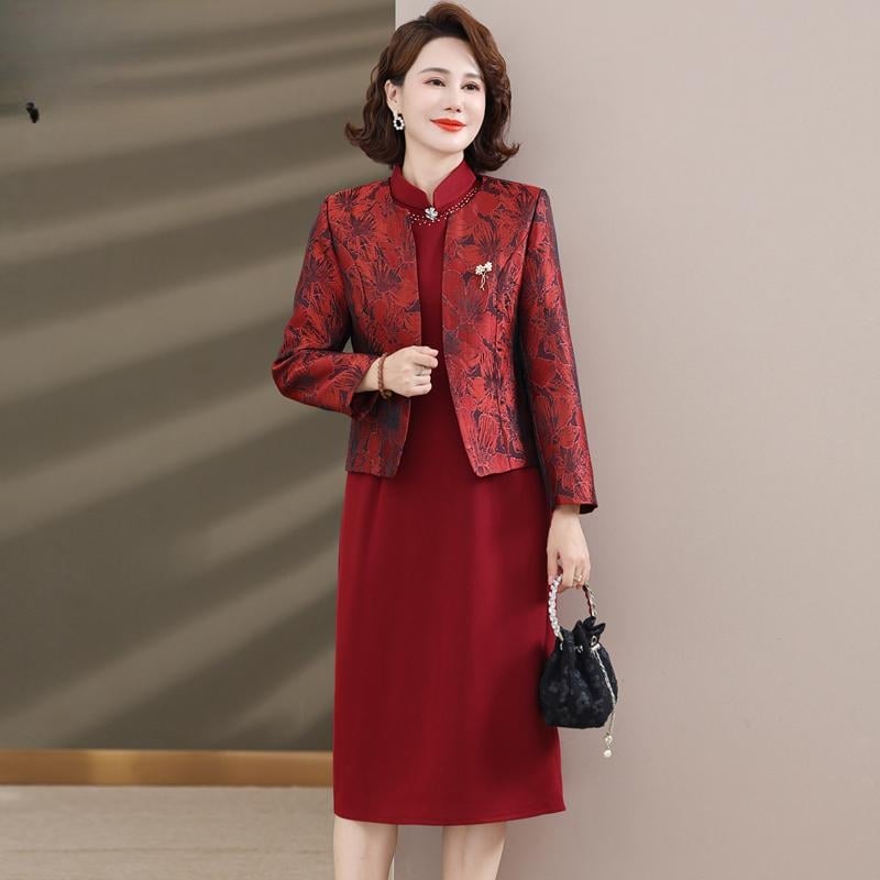 Ženska svečana haljina midi dužine od poliestera, jednobojna, stojeći ovratnik, dugi rukavi, zatvarač