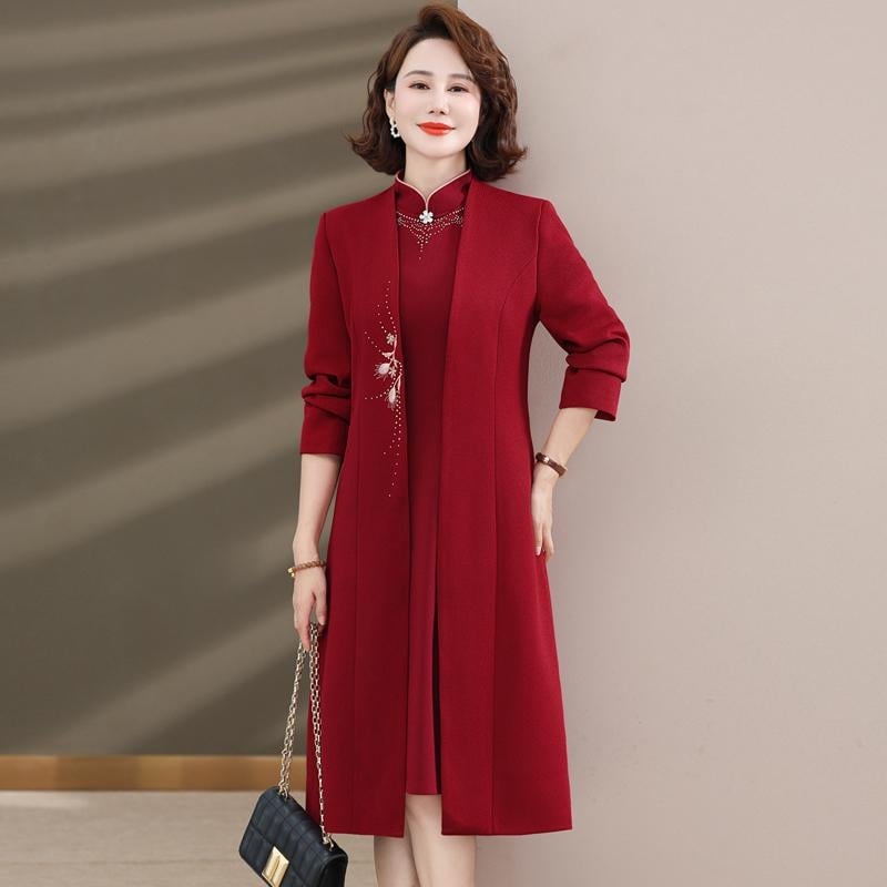 Ženska svečana haljina midi dužine od poliestera, jednobojna, stojeći ovratnik, dugi rukavi, zatvarač