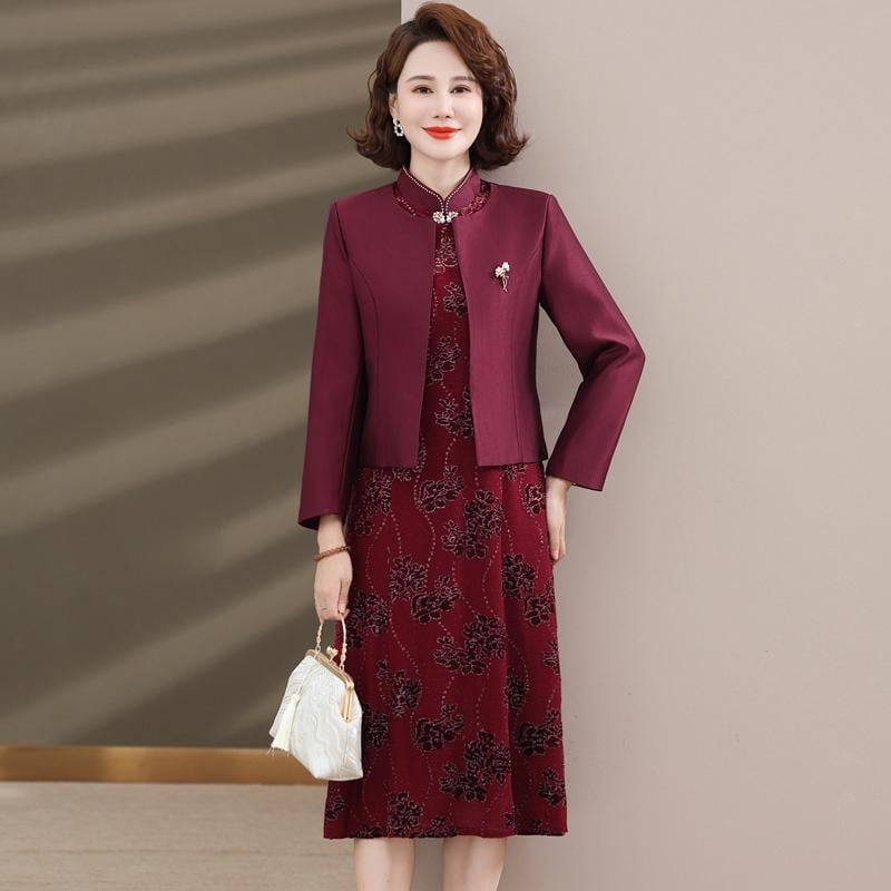 Ženska svečana haljina midi dužine od poliestera, jednobojna, stojeći ovratnik, dugi rukavi, zatvarač