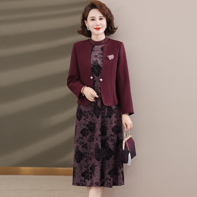 Ženska svečana haljina midi dužine od poliestera, jednobojna, stojeći ovratnik, dugi rukavi, zatvarač