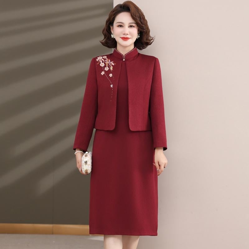 Ženska svečana haljina midi dužine od poliestera, jednobojna, stojeći ovratnik, dugi rukavi, zatvarač