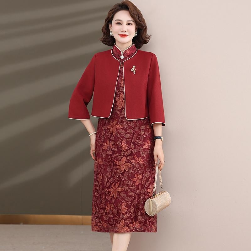 Ženska svečana haljina midi dužine od poliestera, jednobojna, stojeći ovratnik, dugi rukavi, zatvarač