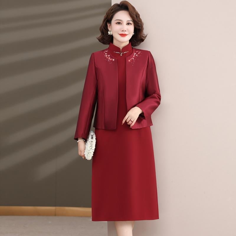 Ženska svečana haljina midi dužine od poliestera, jednobojna, stojeći ovratnik, dugi rukavi, zatvarač