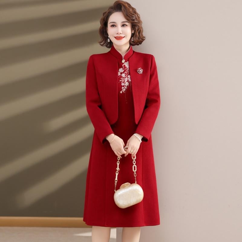 Ženska svečana haljina midi dužine od poliestera, jednobojna, stojeći ovratnik, dugi rukavi, zatvarač