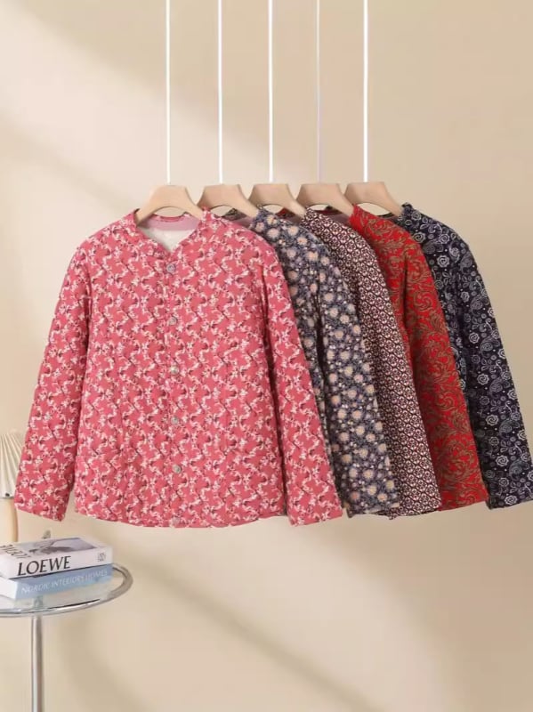 Palton din blană de iepure cu umplutură din bumbac pentru femei în vârstă, mâneci lungi, decolteu în V, închidere cu un nasture, lungime 50–65 cm