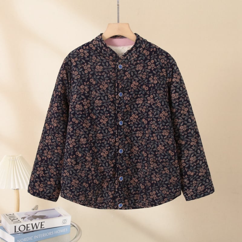 Palton din blană de iepure cu umplutură din bumbac pentru femei în vârstă, mâneci lungi, decolteu în V, închidere cu un nasture, lungime 50–65 cm