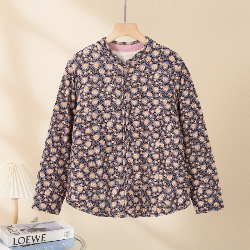 Palton din blană de iepure cu umplutură din bumbac pentru femei în vârstă, mâneci lungi, decolteu în V, închidere cu un nasture, lungime 50–65 cm