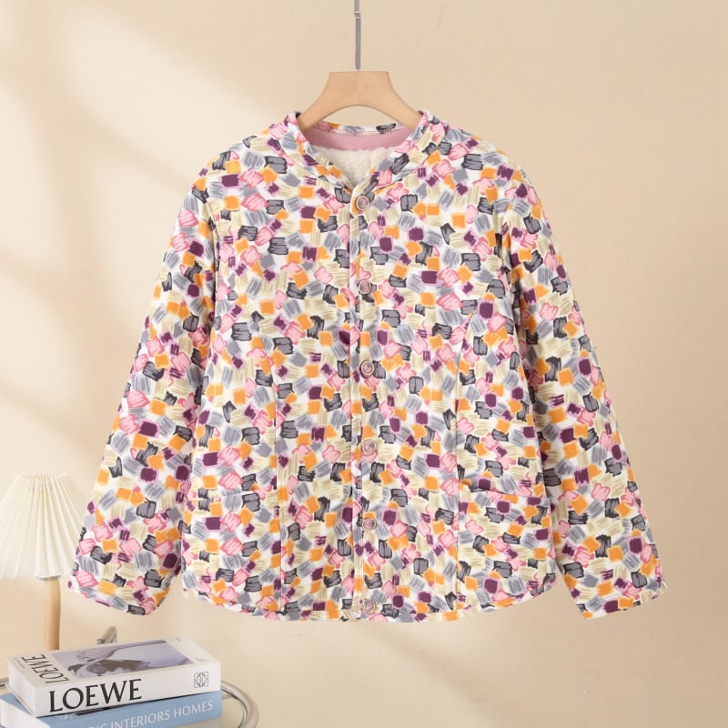 Palton din blană de iepure cu umplutură din bumbac pentru femei în vârstă, mâneci lungi, decolteu în V, închidere cu un nasture, lungime 50–65 cm