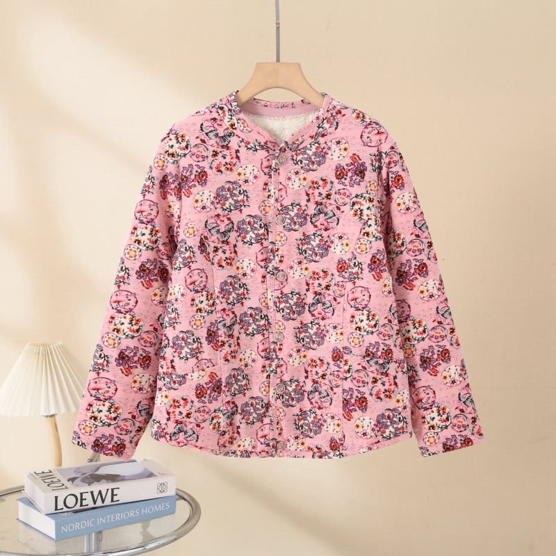 Palton din blană de iepure cu umplutură din bumbac pentru femei în vârstă, mâneci lungi, decolteu în V, închidere cu un nasture, lungime 50–65 cm