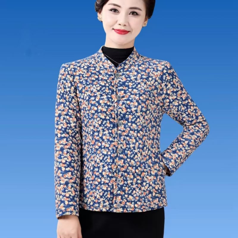 Palton din blană de iepure cu umplutură din bumbac pentru femei în vârstă, mâneci lungi, decolteu în V, închidere cu un nasture, lungime 50–65 cm