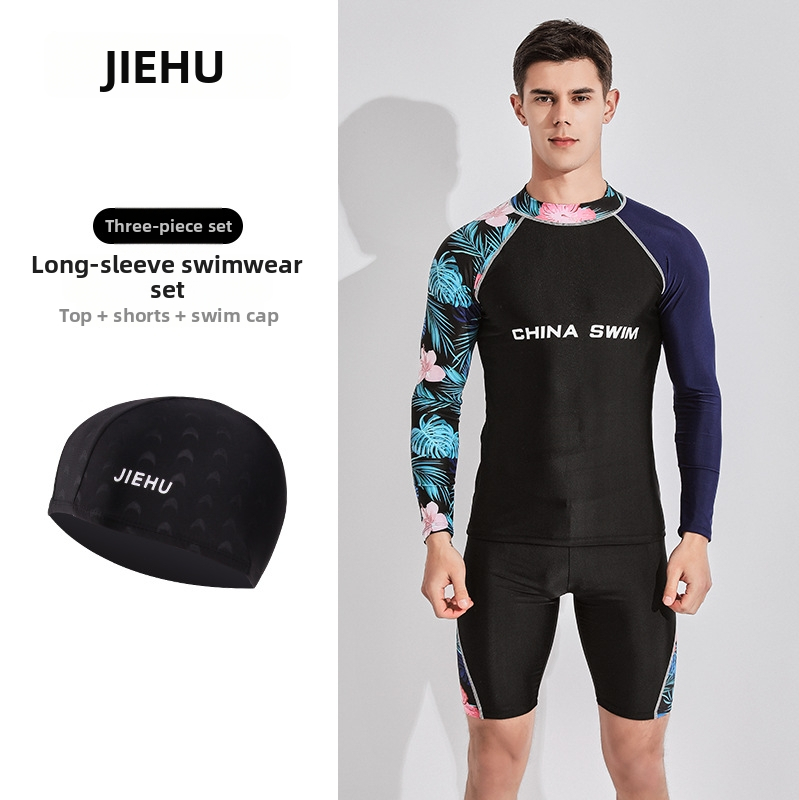 Costum de baie pentru bărbați cu mâneci lungi, uscare rapidă și protecție UV, set din două piese, material poliester-elastan (80–90% elastan), căptușeală poliester-elastan, 400 g