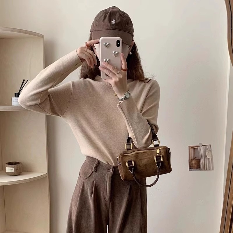 Γυναικεία χαλαρή ζακέτα-pullover με ημι‑ψηλό λαιμό, μακριά μανίκια, ανάμειξη βισκόζη-πολυεστέρ, πλεκτό σχέδιο, φθινοπωρινό-χειμερινό 2024