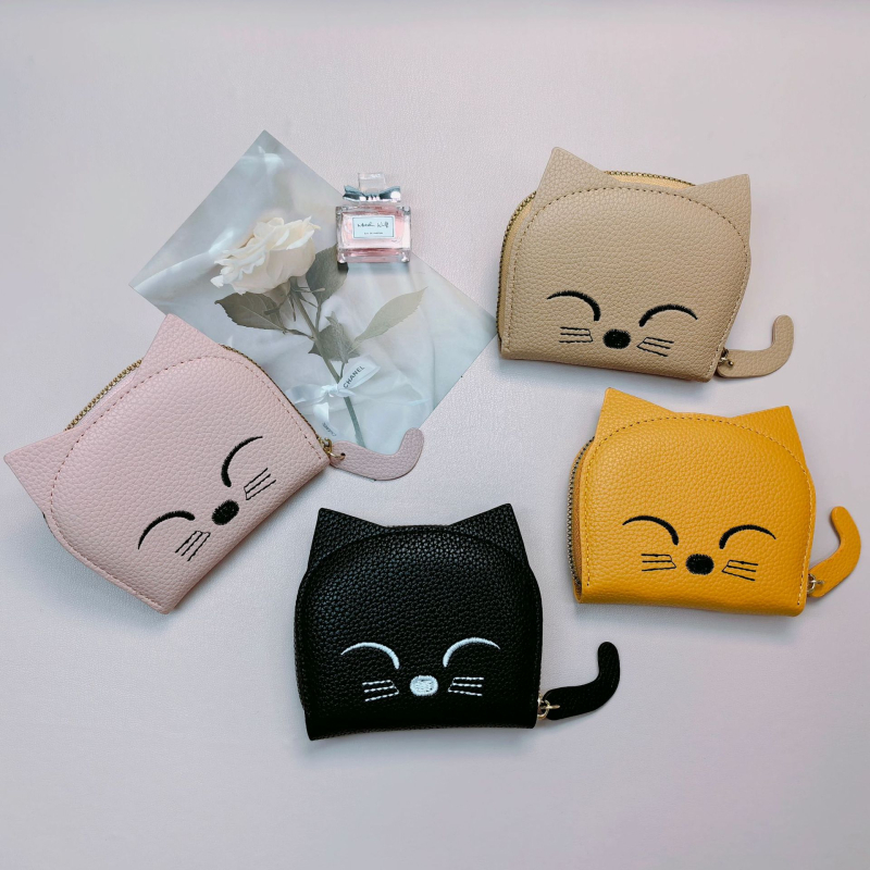 Kožni novčanik za kartice i novčiće, mačji uzorak, 1 preklop, svjež i sladak stil