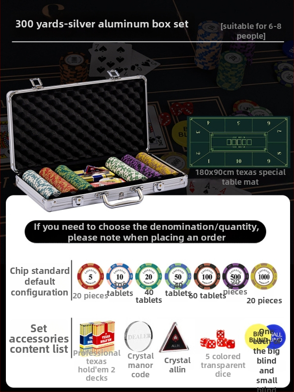 Комплект глинени покер чипове за Тексас Холдем с алуминиев кейс, от неръждаема стомана, правоъгълен дизайн, модел YTH960467850261