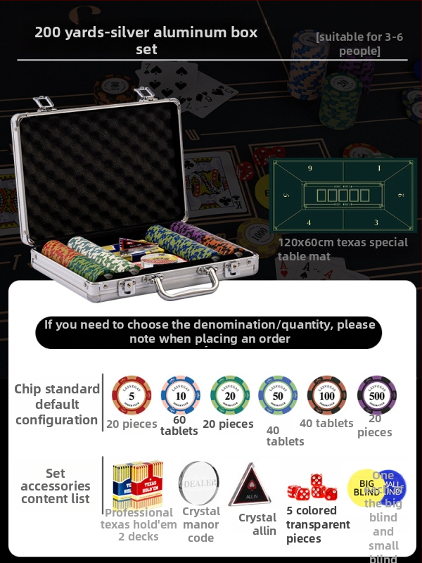 Комплект глинени покер чипове за Тексас Холдем с алуминиев кейс, от неръждаема стомана, правоъгълен дизайн, модел YTH960467850261