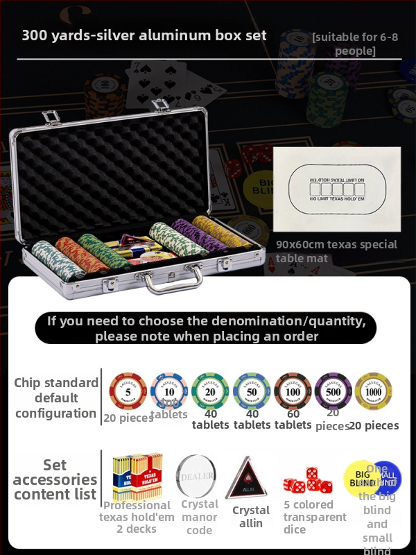Комплект глинени покер чипове за Тексас Холдем с алуминиев кейс, от неръждаема стомана, правоъгълен дизайн, модел YTH960467850261