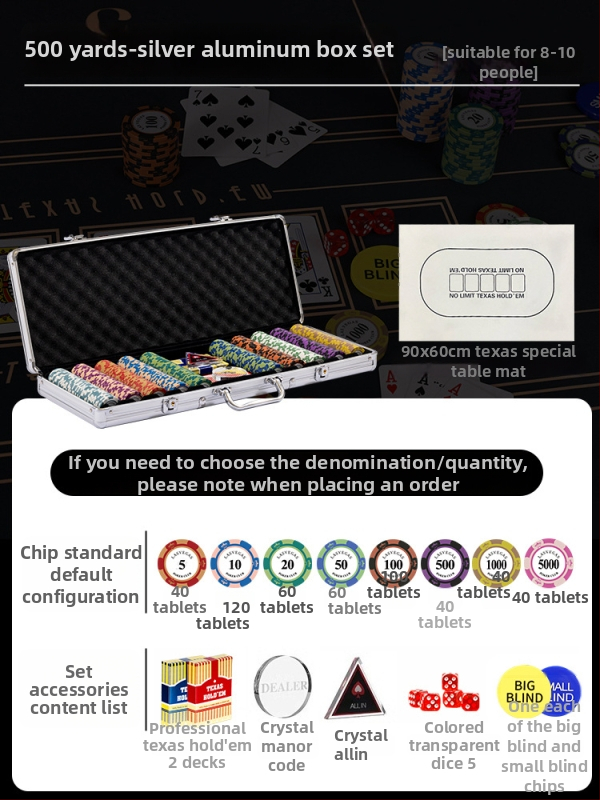 Комплект глинени покер чипове за Тексас Холдем с алуминиев кейс, от неръждаема стомана, правоъгълен дизайн, модел YTH960467850261