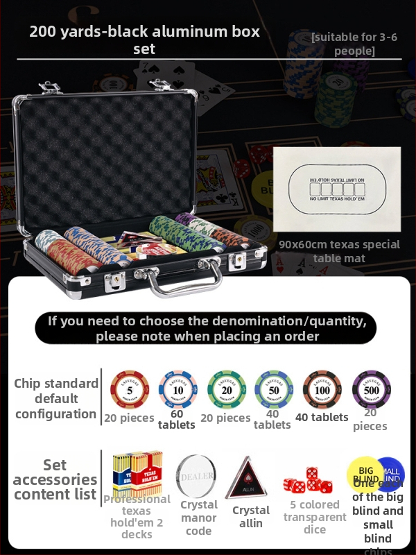Комплект глинени покер чипове за Тексас Холдем с алуминиев кейс, от неръждаема стомана, правоъгълен дизайн, модел YTH960467850261