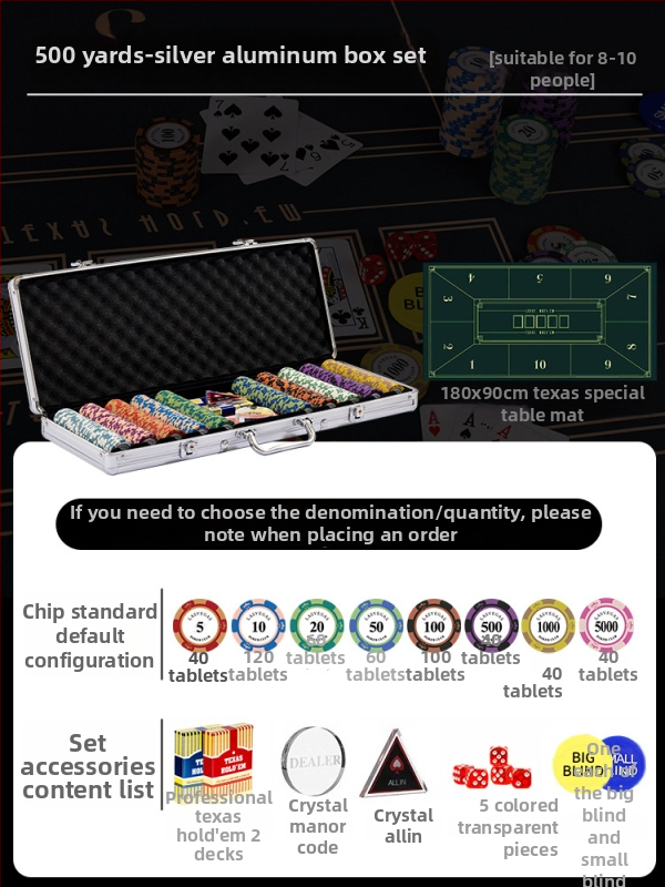 Комплект глинени покер чипове за Тексас Холдем с алуминиев кейс, от неръждаема стомана, правоъгълен дизайн, модел YTH960467850261