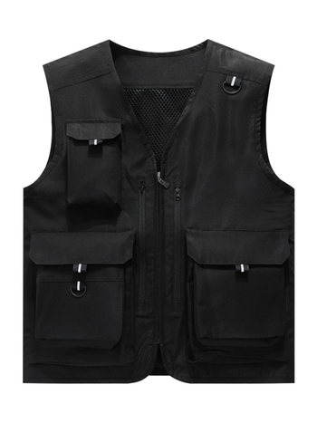 Weihai: Εργασιακό γιλέκο με πολλές τσέπες και φερμουάρ μπροστά, τετραετές ύφασμα από χημικό μείγμα ινών (acetate, polyester), ίσιο κόψιμο