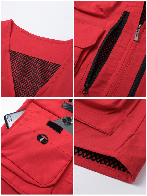 Weihai: Εργασιακό γιλέκο με πολλές τσέπες και φερμουάρ μπροστά, τετραετές ύφασμα από χημικό μείγμα ινών (acetate, polyester), ίσιο κόψιμο