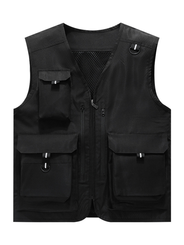 Weihai: Εργασιακό γιλέκο με πολλές τσέπες και φερμουάρ μπροστά, τετραετές ύφασμα από χημικό μείγμα ινών (acetate, polyester), ίσιο κόψιμο