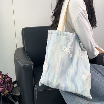 Geantă tote din pânză — Broderie în stil chinezesc, stil proaspăt și drăguț, poliester, formă verticală, deschidere deschisă, buzunare interne: fermoar, buzunar pentru telefon, buzunar pentru ID