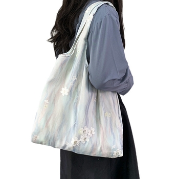 Geantă tote din pânză — Broderie în stil chinezesc, stil proaspăt și drăguț, poliester, formă verticală, deschidere deschisă, buzunare interne: fermoar, buzunar pentru telefon, buzunar pentru ID