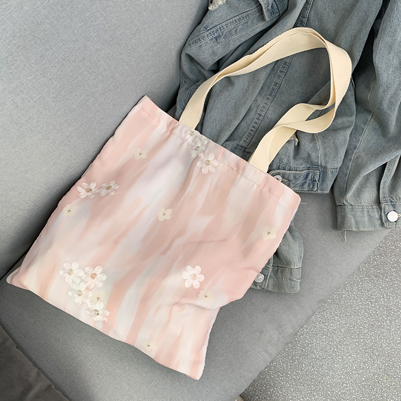 Geantă tote din pânză — Broderie în stil chinezesc, stil proaspăt și drăguț, poliester, formă verticală, deschidere deschisă, buzunare interne: fermoar, buzunar pentru telefon, buzunar pentru ID