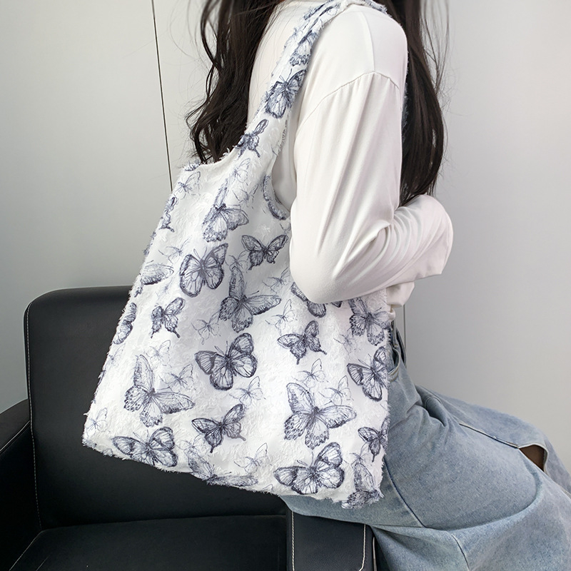 Geantă tote din pânză — Broderie în stil chinezesc, stil proaspăt și drăguț, poliester, formă verticală, deschidere deschisă, buzunare interne: fermoar, buzunar pentru telefon, buzunar pentru ID