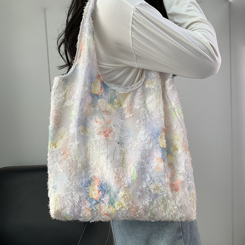 Geantă tote din pânză — Broderie în stil chinezesc, stil proaspăt și drăguț, poliester, formă verticală, deschidere deschisă, buzunare interne: fermoar, buzunar pentru telefon, buzunar pentru ID