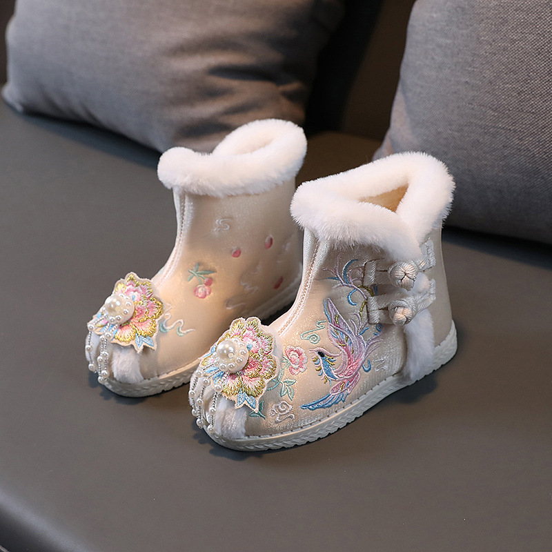 Încălțăminte tradițională pentru copii, cu broderie, partea superioară din bumbac, talpă din cauciuc, model desen animat, încălțăminte de iarnă pentru copii 1–3 ani
