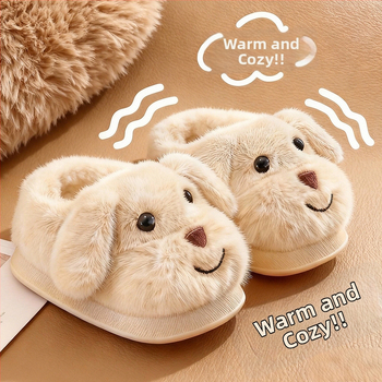 Uniszex gyerek téli beltéri papucs velúr felsőrésszel, rajzolt kutyás mintával, csúszásmentes PVC talppal, vastag belső párnázással