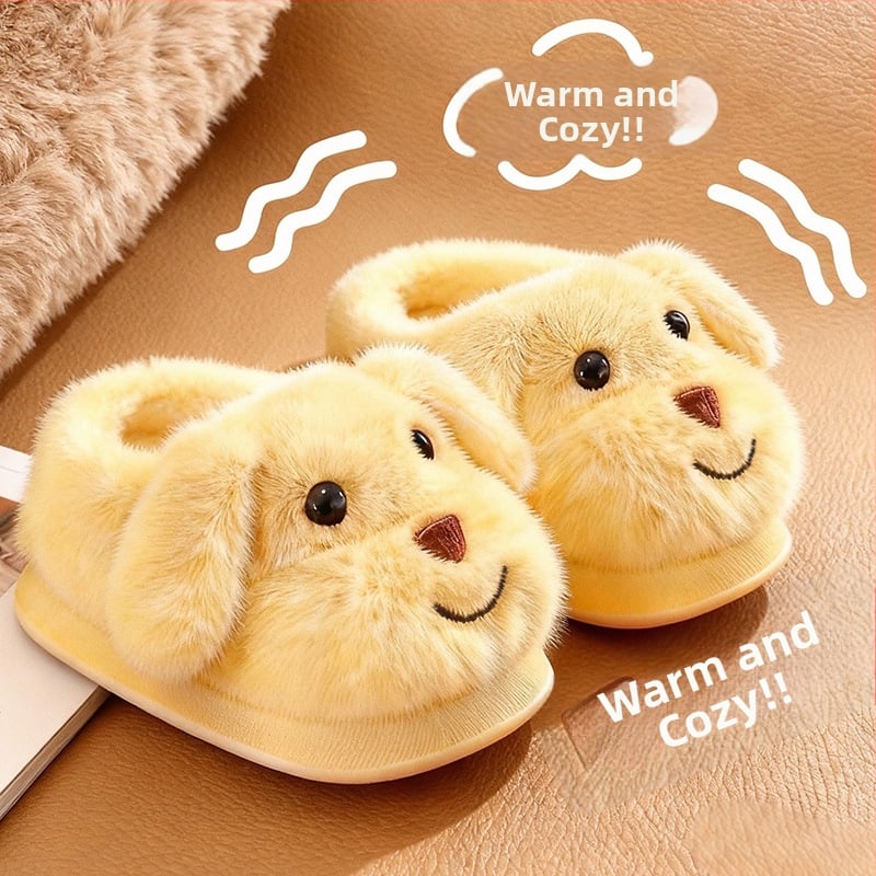 Uniszex gyerek téli beltéri papucs velúr felsőrésszel, rajzolt kutyás mintával, csúszásmentes PVC talppal, vastag belső párnázással