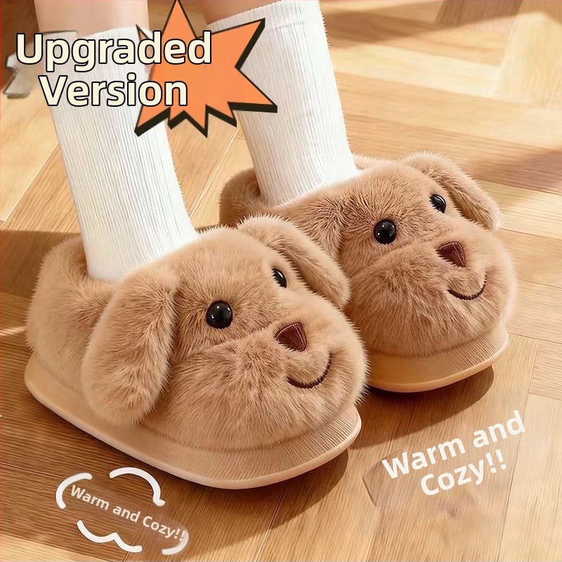 Uniszex gyerek téli beltéri papucs velúr felsőrésszel, rajzolt kutyás mintával, csúszásmentes PVC talppal, vastag belső párnázással