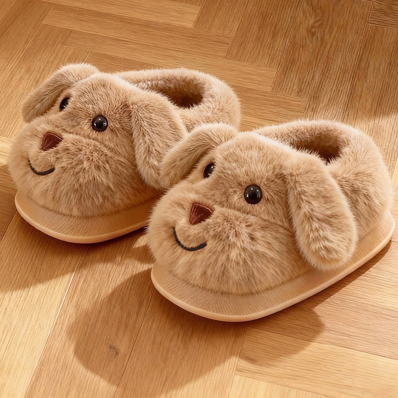 Uniszex gyerek téli beltéri papucs velúr felsőrésszel, rajzolt kutyás mintával, csúszásmentes PVC talppal, vastag belső párnázással